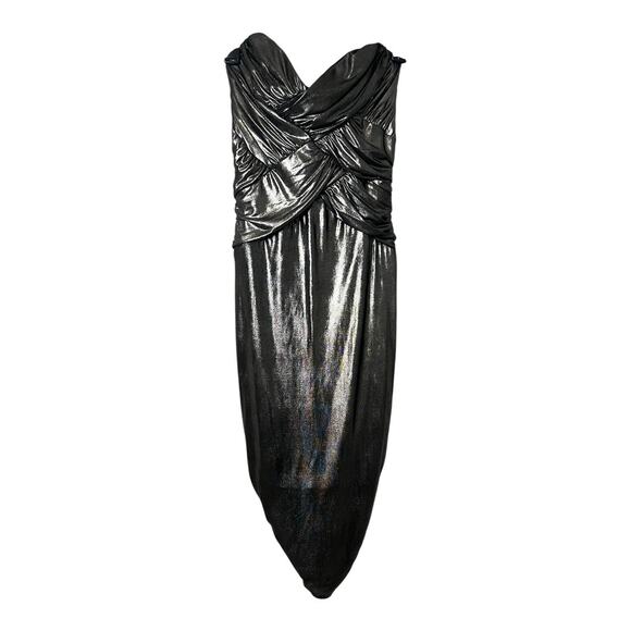 Bebe Pewter Draped Cocktail Dress Party Evening Date Night Out XS Strapless - Picture 5 of 12